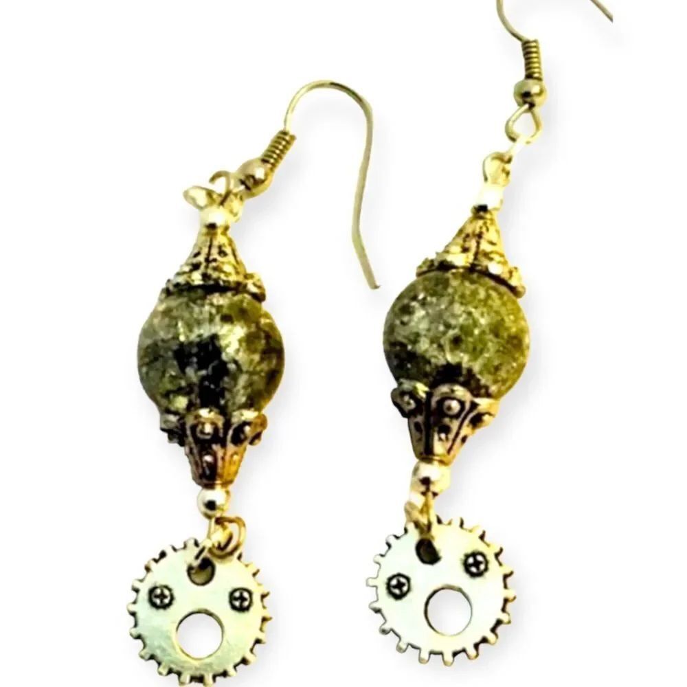 Round Gray Mystical Crackled Globe HangingāGears Earrings Jewelry NEW